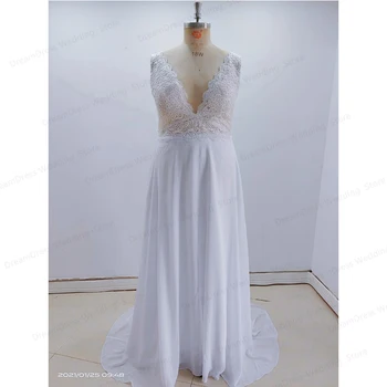 Vestuvinė Suknelė Boho V-Kaklo, Minkštas Šifono Ir Nėrinių Bohemijos Vestuvinės Suknelės 2021 Trumpas Rankovės Grindų Ilgio Paplūdimys Paprastas Baltas Elegantiškas