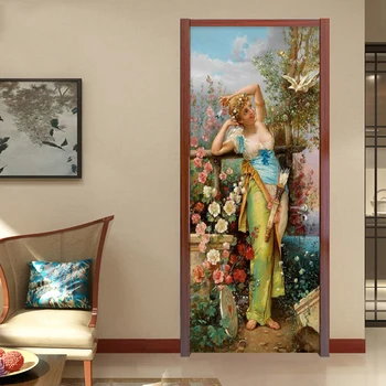 Europos Retro Stiliaus Paveikslas Aliejaus Tapyba, Freskos Tapetai, 3D Kambarį Viešbutyje Miegamojo Durų Lipdukas PVC atsparumas Vandeniui 3 D Namų Dekoro