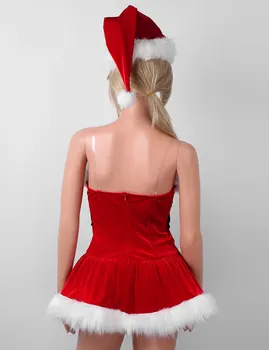 Kalėdų Ponios Santa Suknelės Kalėdų Cosplay Kostiumas Šalis Skaidrus Petį, Rankovių Dirbtiniais Kailiais Apdaila Mini Suknelė