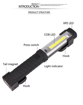 Magnetinio LED Žibintuvėlis COB+LED Darbo Lemputė USB Įkrovimo Žibintuvėlį, Fakelą Remonto Šviesos Lempos su Kabliu Nešiojamas Žibintuvėlis