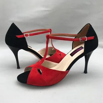 Raudona Flamenko Šokių Bateliai Argentinos Tango Batai pratice batai MST6226RBS Oda Sunku Vienintelis 7.5 cm Kulnas 9cm kulno galima