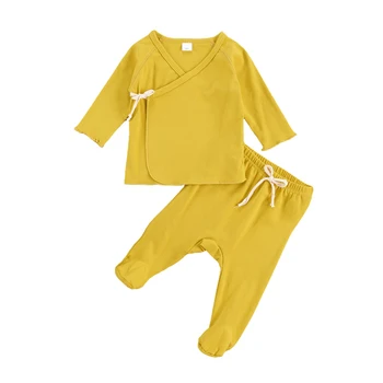 0-6M Naujagimiui Kūdikio Sleepwear Kostiumas ilgomis Rankovėmis Nėriniai-up Megztinis Viršuje Suvynioti Pėdų Ilgio Kelnes 2vnt Apranga Rinkinys