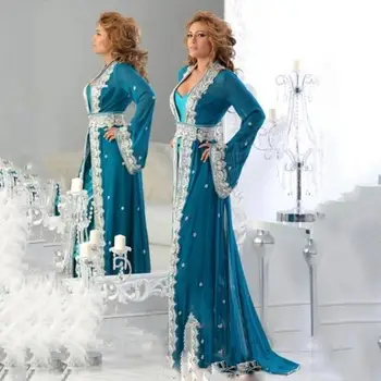 Nemokamas Pristatymas Arabų Kaftans Vakarinę Suknelę 2019 Vestidos De Gala Largos Mėlynos Spalvos Šifono Ilgomis Rankovėmis Vakarą Prom Dresses