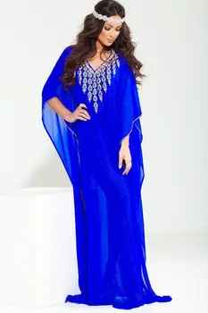 Mėlyna Musulmonų Vakaro Suknelės Apvalkalą V-kaklo Šifono Zawalcowany Kristalai Maroko Kaftan Dubajus, Saudo Arabija Ilgai Prom Dress Suknelė