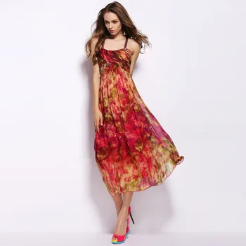 Gryno Šilko Suknelė Moterims 2017 Europos Prekės Elegantiškas Gėlių Spausdinti Stebėjimo Ilgas Vasaros Suknelė Moterų Bohemijos Maxi Suknelė