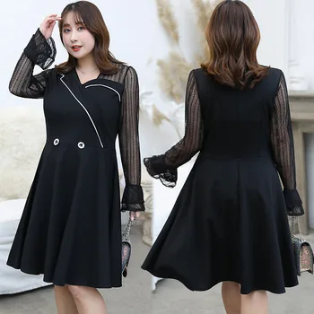 Naujas 2021 m. pavasarį, rudenį plius dydis suknelė moterims, didelis, ilgomis rankovėmis, plonas nėrinių mygtuką, plisuotos suknelės juoda 4XL 5XL 6XL 7XL 8XL