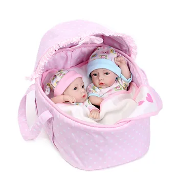 Minkšto Silikono Bebe Reborn Baby Gyvenimo Boneca 28cm Mielas Mini Vonia Lėlės Dvyniai Su Supimo Krepšelį Visas Vinilo Naujagimių Mergaitė Berniukas Žaislai