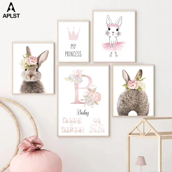 Darželio Gyvūnų Plakatas Užsakymą Asmeninį Kūdikių Vaikai Pavadinimas Gimtadienio Drobės Tapybos Pink Gėlių Triušis Zuikis Nuotrauką Miegamojo Puošimas