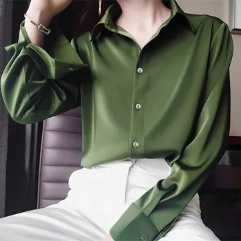 Šilko Korėjos Office Ponios Elegantiškas Marškinėliai Moteriška Palaidinė Prarasti Ilgomis Rankovėmis Viršūnes Avokado Žalioji Marškinėliai Vintage Drabužiai Moterims 12610