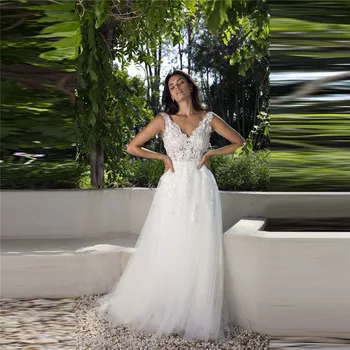 Naujas Dizainas V-Kaklo, Nėriniai Viršuje, A-Line Wedding Dresses Tiulio V-Formos Atgal Sodo Vestuvinės Suknelės Rankovių Užsakymą Internetu Oficialus