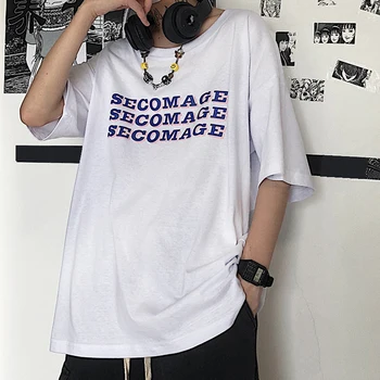 Korėjos Harajuku Derliaus Estetinės Gothic Punk moterų Marškinėliai trumpomis Rankovėmis O-Kaklo Viršūnes Vasaros Laiškas Spausdinti Negabaritinių Juoda drabužių