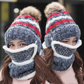 3 Vnt/set Su Kauke Žiemos Skrybėlės Moterims Kokybės Megzti Skrybėlę Mergina Dirbtiniais Kailiais Pompoms Skrybėlę Šiltas Pridėti Kailio Pamušalu Apsaugos Skrybėlę