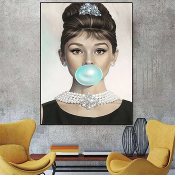 MUTU Tapybos Drobės Spausdina Audrey Hepburn Smūgis mėlyna burbuliukai Cituoja 