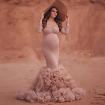 Elegantiškos Undinė Motinystės Suknelės ilgomis Rankovėmis Tiulio Raukiniai Purus Undinė Prom Šalis, Chalatai už Photoshoot Nėščioms Moterims Užsakymą