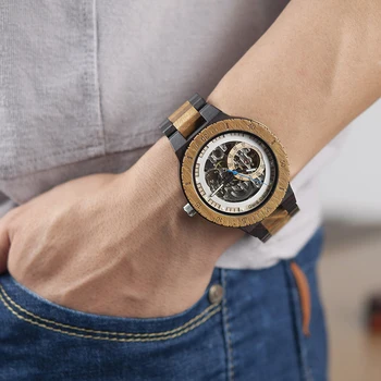 BOBO PAUKŠČIŲ Mediniai Mechaninis laikrodis Vyrams, Prabangūs, Retro Dizainas Atveju Su Aukso Etiketės Šalia Automatinis ir Daugiafunkcinis Laikrodis
