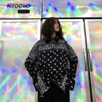 NYOOLO Harajuku stilius streetwear Paisley spausdinti hip-hop marškinėliai Rudenį ilgomis rankovėmis marškinėliai moterims, vyrams, drabužiai, viršutiniai drabužiai viršų