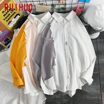 RUIHUO Kratinys Atsitiktinis Marškinėliai Vyrams Drabužius 2021 Mados Streetwear Vyrų Marškinėliai Balti Mygtuką Iki ilgomis Rankovėmis Marškinėliai Vyrams, M-3XL