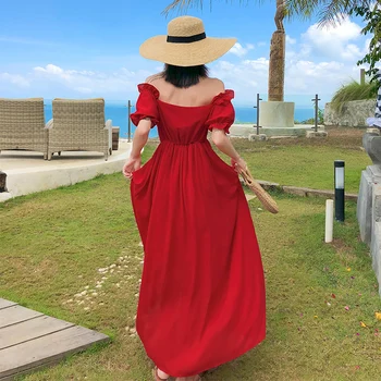 Maxi Derliaus Moterų paaukštintu liemeniu Raudona Suknelė Vasaros Elegantiškas vakarėlis Atostogų Ilga Suknelė Retro kilimo ir tūpimo Tako 2020 Paplūdimio Suknelės korėjos