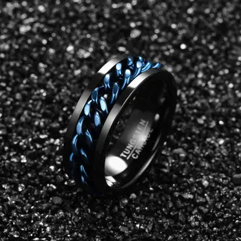 NUNCAD Vyrų 8mm volframo karbido žiedas Juodas Volframo plieno Žiedas su Mėlyna Pasukti Grandinės Inkrustacijos Comfort Fit, Dydis 6-12