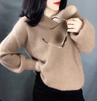 SZDYQH Moterų megztinis 2019 žiemos Naujo stiliaus Didelis, V-kaklo, kašmyras megztas megztinis moteriška prarasti šiltas megztinis vientisų