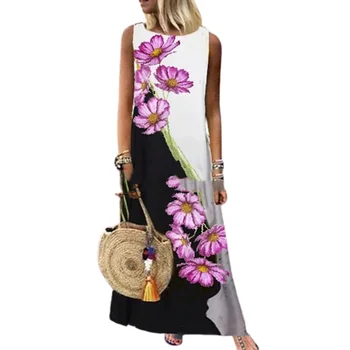 Gėlių Spausdinti Moterų Bohemijos Maxi Suknelė be Rankovių 2020 Naujas Vasaros Saulė, Paplūdimio Suknelė Plius Dydis S-5XL Boho Suknelės Vestidos de mujer