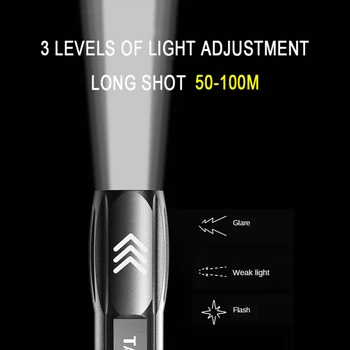 ZHIYU Įkraunama Portable LED Žibintuvėlis P900 LED Žibintuvėlis atsparus Vandeniui Kempingas Žibintų Zoomable Dėmesio Šviesos Taktinis Žibintuvėlis