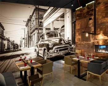 Beibehang Užsakymą didelės foto tapetai, 3d nostalgišką retro juoda ir balta gatvės klasikinių automobilių viešbučio restorane freskos 3d tapetai