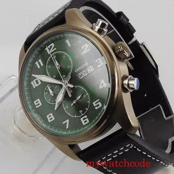 42mm corgeut žalia dial chronograph kvarcas judėjimas vyrų laikrodis bronzos padengtą atveju, dieną, savaitę funkcija kvarco mens watch