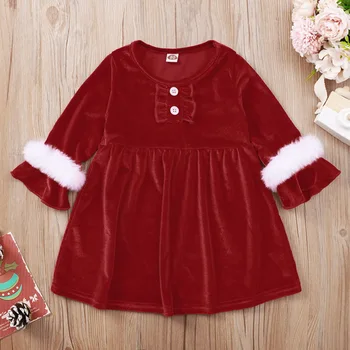 KALĖDOS vaikams, kūdikių mergaitės visą sleeve ruched kietas suknelė bamblys vaikai princesė kelio ilgio suknelė Kalėdų drabužius, 3-24M