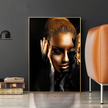 Juoda Aukso Afrikos Moters Portretas Tapybos ant Drobės Nude Art Plakatas ir Spausdinimo Skandinavijos Sienos Nuotraukas Namų Puošybai