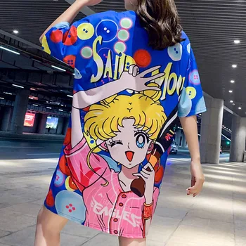 Be Moterų Gatvės Mados Dress O-Kaklo Prarasti Akies Greitai-džiovinimo Sailor Moon Skaitmeninio Spausdinimo Tuščiaviduriai Iš Negabaritinių Ilgai Marškinėliai, Suknelės