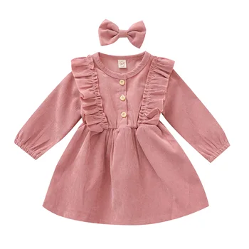 Baby Girl Dress, Aukštos juosmens Midi, ilgomis Rankovėmis Apvalios Apykaklės Pynimas Mygtukai Princesė Plisuotos Rudenį Sijonas Lankelis 1-5 Metų