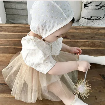 Pietų Korėja Vasaros Baby Princess Trumpas Rankovės Bodysuit Suknelė Moterų Lobis Lotus Lapų Apykaklės Pompastiški Gazas Suknelė, Skrybėlė