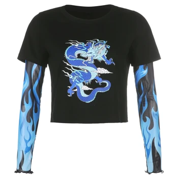 Darlingaga Streetwear Dragon Spausdinti Gotikos Moterų marškinėliai Liepsna Gaisro Akių Kratinys Viršūnes Tees Punk Medvilnės Rudenį marškinėliai Drabužių