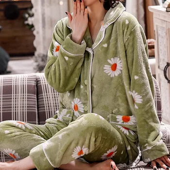 LASPERAL Rudens Žiemos Moterys Storio Koralų Vilnos Pižama Rinkiniai Mergaitėms Sleepwear Šiltą Minkštą Pižamą Moterų Mielas Ramunėlių Pižama
