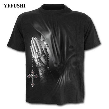 YFFUSHI Vyrų/Moterų 3d marškinėliai Graži Mergina Malda Bažnyčioje Spausdinti Hip-Hop Tees Mados Black marškinėliai, Plius Dydis S-5XL
