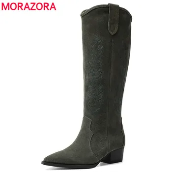 MORAZORA Plius dydis 34-46 Visiškai natūralios odos batai moterims Išsiuvinėti suede žiemos kelio ilgi batai ponios ilgai botas