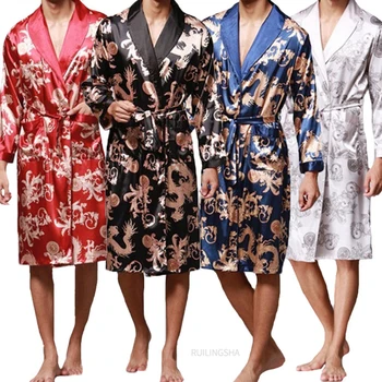 Stilingi vyriški Chalatas Šilko Kimono ilgomis Rankovėmis Chalatas, Kinijos Laimingas Drakonas Spausdinti Pižama Vyrams Suknelė Chalatas Vyrams Homewear Masculina