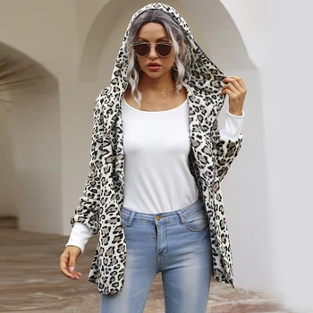 Klasikinis Seksuali Moteris Leopard Striukė Viršuje Derliaus Gaubtu Šiltas Atsitiktinis Žiemos Megztinis Ilgomis Rankovėmis Rudenį Minkštas Kailis Drabužius Outwear D25