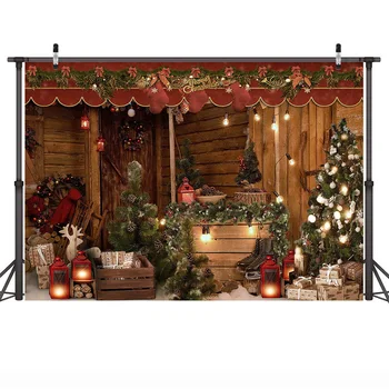 Žiemos Fotografijos Fonas Linksmų Kalėdų Kaimiškas Medienos Sienos Fone Dovanos Šviesos Lempos Kalėdų Eglutė Šeimai Šalis Fotosesiją