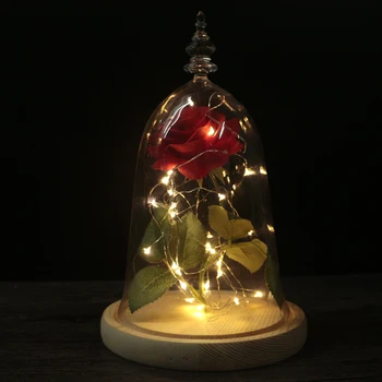 Grožio ir Žvėrys, Raudona Rožė Stiklo Kupolas Medinio Pagrindo Su LED Šviesos Valentino Dieną Mergina, Draugas, Dovana, Namų Puošybai