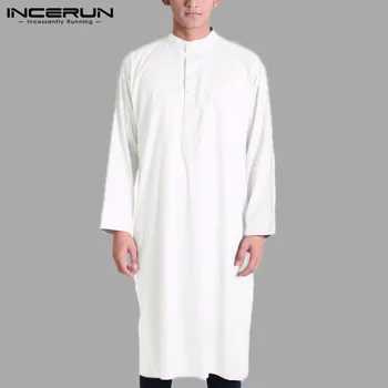 Vientisos Spalvos Vyrų Musulmonų Medvilnės Marškinėliai ilgomis Rankovėmis Stovėti Apykaklės, Mygtuką Derliaus Dubajus Islamo arabų Kaftan Ilgai Viršūnes Vyrų INCERUN
