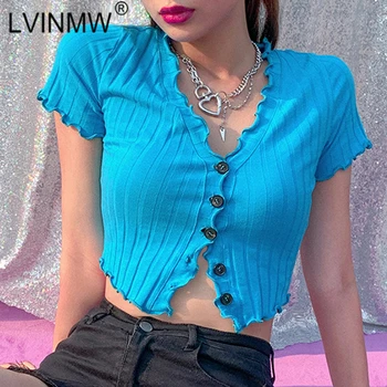 LVINMW Seksualus Vieną Krūtinėmis Ruffles Rankovėmis V-Kaklo Mėlynas Pasėlių Top 2020 Metų Vasaros Moterų Megztinis Mados Slim Moterų marškinėlius Streetwear