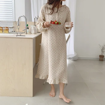 Ruffles Miego Suknelė Moterims Ilgomis Rankovėmis Kawaii Vyšnių Spausdinimo Korėjos Sleepwear Homewear Ilga Suknelė Rudenį Elegantiškas Atsitiktinis Palaidų A001