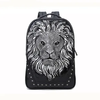 3D Pu punk kuprinė vyrų gyvūnų liūto galva kuprinė kietas kelionės kompiuterio krepšys Head Dizainas, Geros kokybės PU