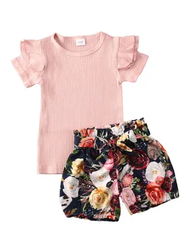 2020 metų Vasaros Baby Girl Drabužiai Vaikams Laisvalaikio Mergaitė Komplektus Raukiniai trumpomis Rankovėmis Marškinėliai Kieto Viršūnių Lankas Gėlių Šortai 2vnt Kūdikių Rinkiniai