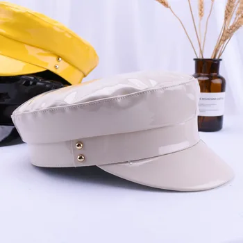 Naujas Mados Karinės Kepurės Aukštos Kokybės Ponios Bžūp vientisos Spalvos Flat Top Hat PU Odos, Kaulų Kapitonas Moterų Rudenį Beretės