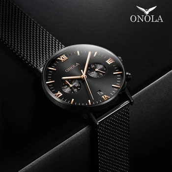 ONOLA prekės ženklo Verslo Atsitiktinis žiūrėti vyras black silver laikrodis natūralios odos Plieno Tinklelio diržo suknelė mados paprasta riešo žiūrėti male