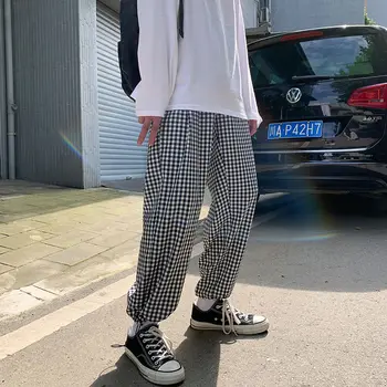 Korėjos Pledas Kelnės, vyriškos Mados Retro Atsitiktinis Tiesios Kelnės Vyrams Streetwear Laukinių Prarasti Hip-hop Pločio Kojų Kelnės Mens M-XL