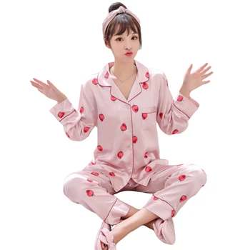 Korėjos Braškių Tiktų Šilko Naktiniai Marškinėliai Homewear Šilko Pižama Moterims, Pavasarį Ir Rudenį Ilgomis Rankovėmis Plonas Skirsnio Paprastas Didelės Dydis